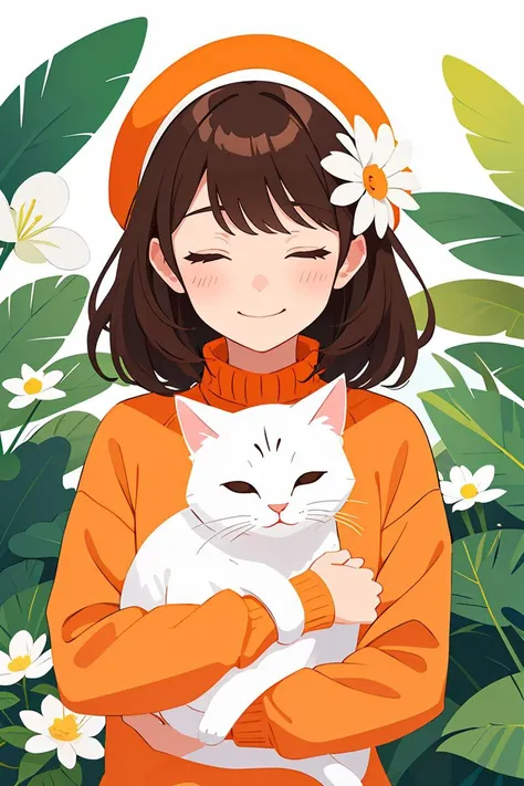 flat vector art,vector illustration, 1girl, upper body,orange sweater, blush, closed eyes, holding cat, smile, hat, white headwear, long sleeves, flower, white flower,  solo, leaf, plant,  brown hair, medium hair , masterpiece, best quality, highres,soft lighting,,<lora:GoodHands-beta2:1>