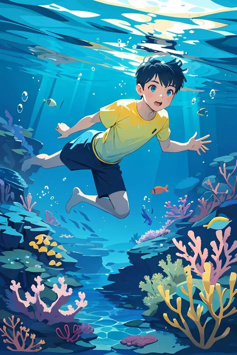 flat vector art,vector illustration, 1boy,swim,underwater,glow,yellow,blue,shiny,tyndall of holographic,water iridescence,masterpiece, best quality, highres<lora:GoodHands-beta2:1>