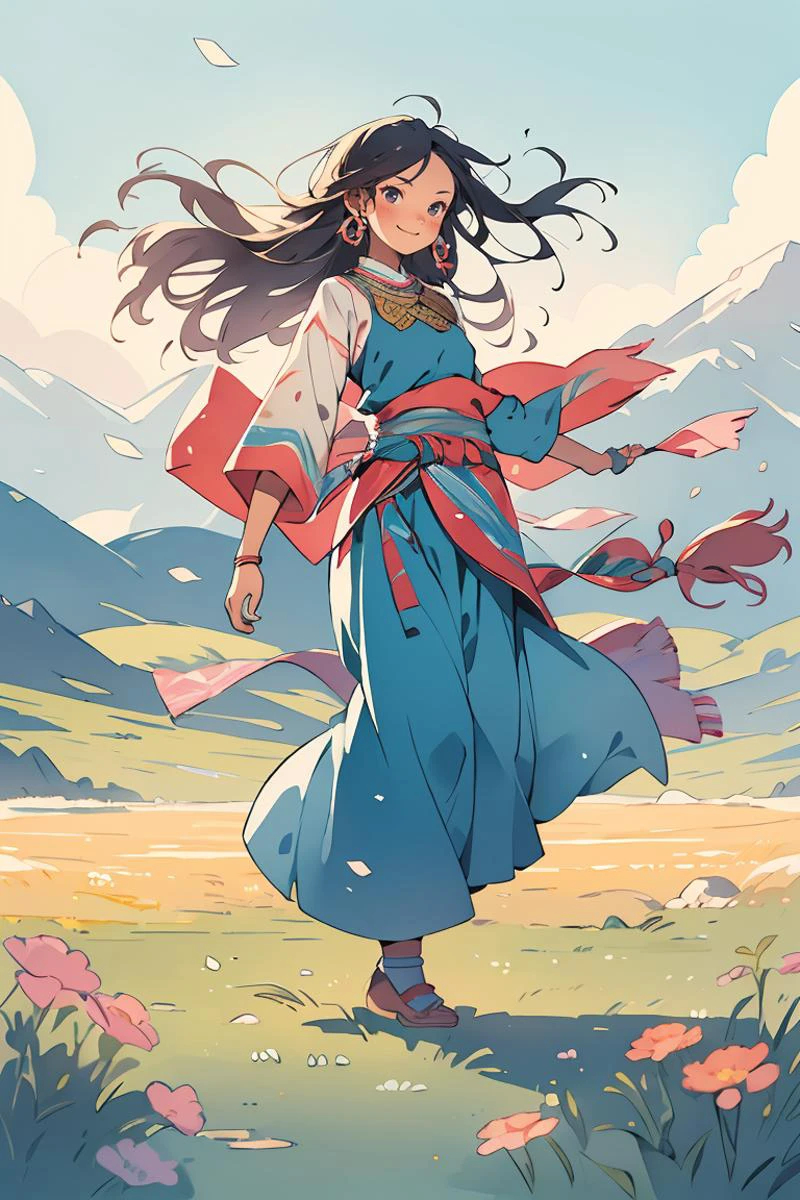 Masterpiece,best quality,1girl, smile, full body, ((Tibetan)), front view, dancing, Prairie, sunset, sun, wind, floating hair, mountain <lora:èæ _ æ°æé£ç³»å_v1.0:0.8>