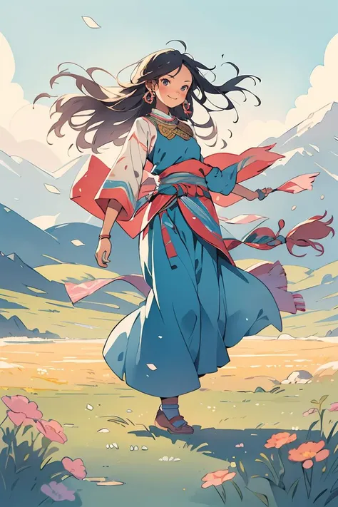 Masterpiece,best  quality,1girl, smile, full body, ((Tibetan)),  front view, dancing, Prairie, sunset, sun, wind, floating hair, mountain <lora:èæ _ æ°æé£ç³»å_v1.0:0.8>