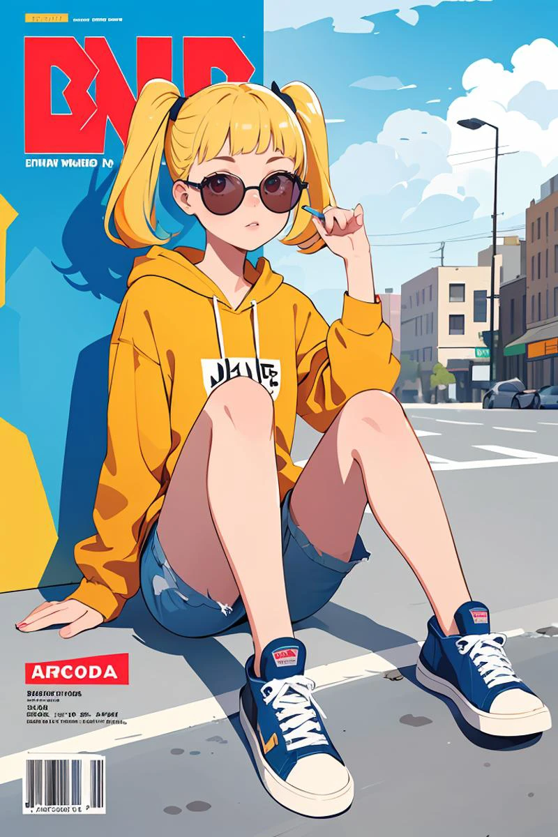 flat vector art,vector illustration, (Magazine cover-style illustration of a fashionable girl),street, in public,(The text on the cover should be bold and attention-grabbing, with the title of the magazine and a catchy headline:1.1) cute:1.2,yellow hair,red eyes,twintails,bangs, sitting, 1 pair of sunglasses, hoodie, colored hoodie, denim shorts, sneakers, skateboard, Human focus, outdoor, blue sky, White clouds, graffiti wall, flat, solo,<lora:GoodHands-beta2:1>