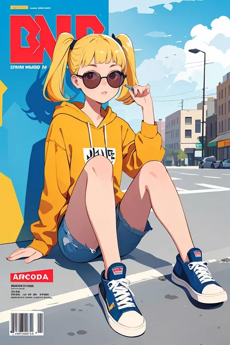 flat vector art,vector illustration, (Magazine cover-style illustration of a fashionable girl),street, in public,(The text on the cover should be bold and attention-grabbing, with the title of the magazine and a catchy headline:1.1) cute:1.2,yellow hair,red eyes,twintails,bangs, sitting, 1 pair of sunglasses, hoodie, colored hoodie, denim shorts, sneakers, skateboard, Human focus, outdoor, blue sky, White clouds, graffiti wall, flat, solo,<lora:GoodHands-beta2:1>