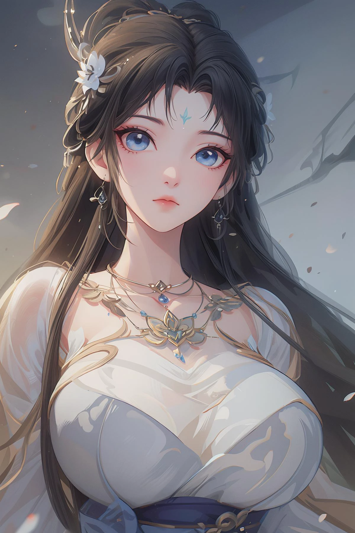 <lora:QingYi:1>,qingyi,1girl,jewelry,hair ornament,solo,blue eyes,necklace,forehead mark,earrings,long hair,facial mark,dress,upper body,blurry background,black hair,looking at viewer,blurry,expressionless,brown hair,closed mouth,chinese clothes,hair flower,flower,
<lora:MoXinV1:0.2>,shuimobysim,wuchangshuo,bonian,zhenbanqiao,badashanren,<lora:wrenchmandarincharm:0.2>,wrenchmandarincharm,hanfu,<lora:GoodHands-beta2:0.1>,<lora:Add More Detailsç»èè°æ´:0.3>,<lora:anxiang:0.2>,<lora:0大æ¼:0.1>,silver foil texture,linen texture,, best quality , masterpiece, illustration, an extremely delicate and beautiful, extremely detailed ,CG,unity,8k wallpaper, Amazing, finely detail, masterpiece, best quality,official art,extremely detailed CG unity 8k wallpaper,absurdres, incredibly absurdres, huge filesize , ultra-detailed, highres, extremely detailed,beautiful detailed girl, extremely detailed eyes and face, beautiful detailed eyes,light on face,