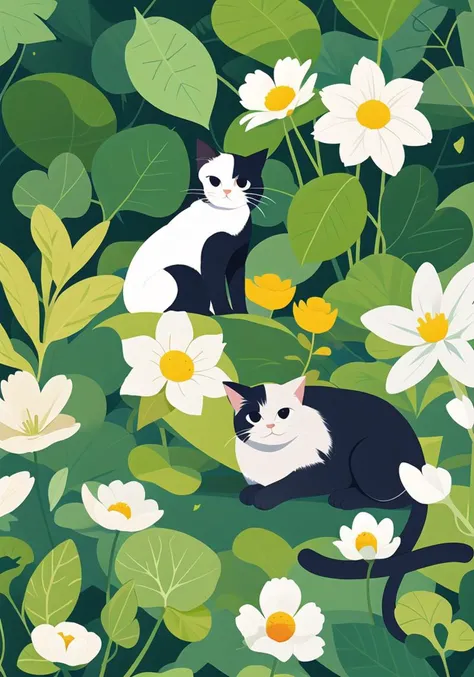 no humans,cat,black eyes,animal focus,animal,:3,leaf,yellow flower,white flower,plant,<lora:doodle:0.8>,