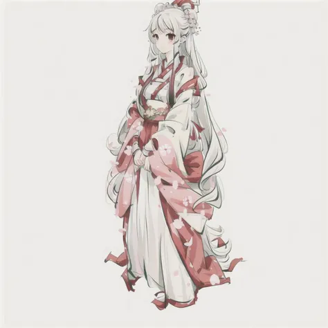 girl, detailed, traditional dress, long hair, wavy hair, white hair, sexy, cherry blossom theme, full body, posing, WUCHANGSHUO, <lora:shuimobysimV3:1>