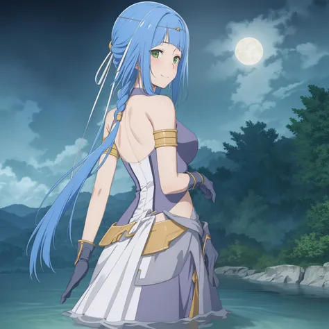 ((masterpiece)),((highres)),((best quality)),((highly detailed)),((extremely detailed CG unity 8k wallpaper)),illustration,Artemis,looking at viewer,from behind,light smile,light blush,arm at side,black gloves,cloud,river,night,wading,moon,