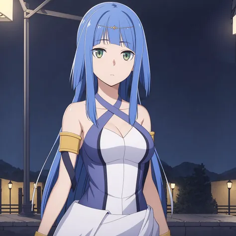 ((masterpiece)),((highres)),((best quality)),((highly detailed)),((extremely detailed CG unity 8k wallpaper)),illustration,Artemis,medium breasts,facing viewer,looking at viewer,expressionless,outdoors,park,lamppost,night,