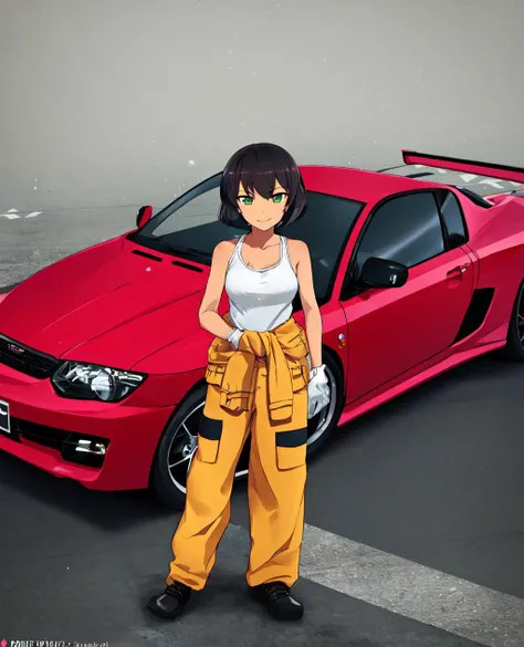 <lora:Hoshino-10:1>1girl, solo, looking at viewer, smile, short hair, simple background, brown hair, shirt, black hair, gloves, white background, holding, closed mouth, green eyes, standing, full body, white shirt, shoes, artist name, white gloves, dark skin, twitter username, black footwear, dark-skinned female, hand on hip, shadow, bob cut, tank top, ground vehicle, motor vehicle, car, over shoulder, clothes around waist, vehicle focus, jumpsuit, sports car