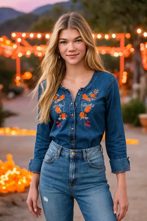 photo of (CTI_t3ssw3ster:0.95), a stunning woman, boho embroidered tunic with distressed jeans, an explosion of colors in the evening sky from fiery reds to soft purples and oranges, shallow depth of field, vignette, high budget Hollywood film, bokeh, cinemascope, epic, gorgeous, film grain