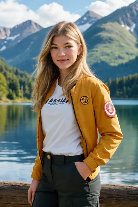 photo of (CTI_t3ssw3ster:0.95), a stunning woman, cargo jacket with cargo pants, tranquil mountain scene mirrored in the calm waters of a pristine lake, shallow depth of field, vignette, high budget Hollywood film, bokeh, cinemascope, epic, gorgeous, film grain
