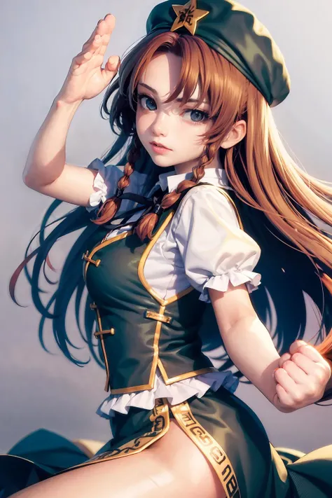 masterpiece, best quality, <lora:meiling:1>,1girl,hong meiling, grey background, fighting stance, (kbxll:0.5)