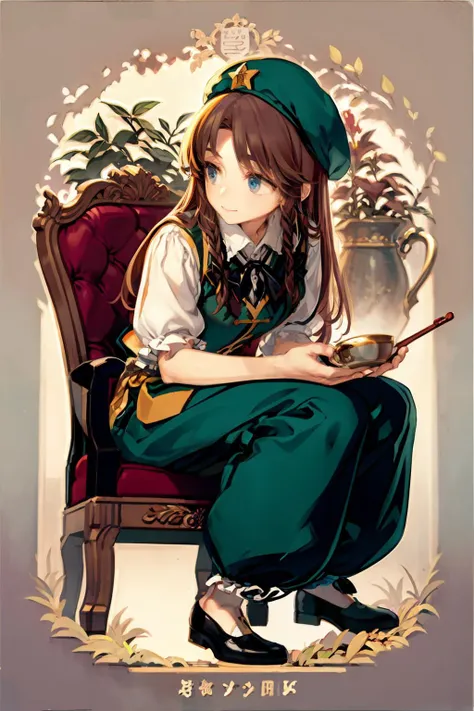 masterpiece, best quality, <lora:meiling:1>,1girl, hat, braid, solo, short sleeves, sitting, twin braids, star (symbol), pants, chair, long hair, red hair, shirt, puffy sleeves, puffy short sleeves, hat ornament, teapot, star hat ornament, blue eyes, ribbon, chinese clothes, green vest, vest, white shirt, bow, green headwear, beret, holding, needle, hair bow, shoes, neck ribbon, full body, black ribbon, cup, teacup, smile, sewing, paintbrush, smoking pipe, black footwear, black bow, looking down, tangzhuang, skirt, frills, bowl, flower, bangs, green skirt, kettle, hair ribbon, on chair, tassel, kiseru, collared shirt, closed mouth, border, character name, baggy pants, holding smoking pipe, table, art nouveau, holding needle, frilled sleeves, thread, scroll, watering can, green eyes, skirt set, box, pouring, frilled shirt, chopsticks, pants under skirt, writing, vase, english text, tress ribbon