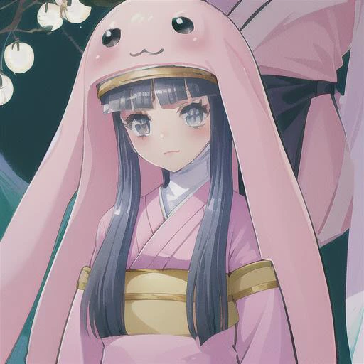 (masterpiece:1.1), (best quality:1.1), 1girl, Real light and shadow, anime face, 4k, 8k, wallpaper,epic, detail texture, ((1girl)), solo, <lora:Sistermon_Blanc:1> sistermon blanc, long hair, grey hair, nun, hat, animal hat, :3, (kimono, japanese clothes, pink kimono), grey eyes