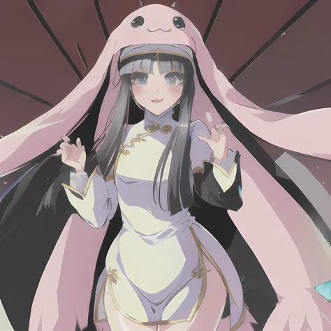 (masterpiece:1.1), (best quality:1.1), 1girl, Real light and shadow, anime face, 4k, 8k, wallpaper,epic, detail texture, ((1girl)), solo, <lora:Sistermon_Blanc:1> sistermon blanc, long hair, grey hair, nun, hat, animal hat, :3, ((china dress, chinese clothes, pelvic curtain)), grey eyes, cowboy shot