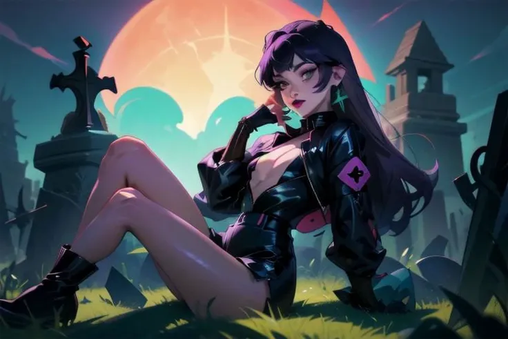 (Masterpiece:1.2),1boy,goth, portrait, waist shot, (asian_eyes:0.9), pointy nose, round cheeks, spft body,smoking a cigarette, (flat chest:1.1), covered nipples,(((femboy))), slim, adult, androginous, graveyard, sitting on a tombstone, midnight, full moon, violet purple lipstick, slutty smile, looking at viewer, black latex shirt, fishnet elbow gloves, kneehigh boots, latex shorts, wide fishnets shirt, inverted cross earring, long straight hairs, purple hairs fading to pink on the tips, colorful, dark blue midtones, vibrant, dark, solo, relaxed, gloomy,<lora:age_slider_v2:4>