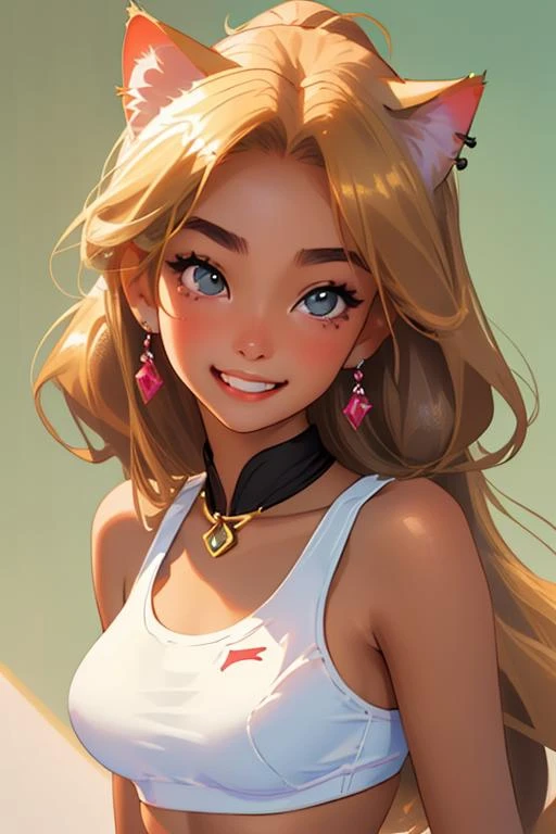 sports bra, sexy, beautiful, cute, diamond earrings with no dangles, girl, SHSID-1925, photorealistic, real, best quality, 8k, teenager, portrait, asian <hypernet:SHSID:0.6>, teenage, beautiful, cute, bronze color skin, extremely beautiful, looking in front, black|blonde hair, (cat ears), (smiling:1.2)
