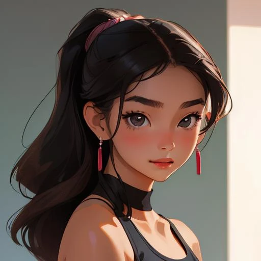 sports bra, sexy, beautiful, cute, diamond earrings with no dangles, girl, SHSID-1925, photorealistic, real, best quality, 8k, ager, portrait, asian <hypernet:SHSID:0.6>, teen beautiful, cute, bronze color skin, extremely beautiful, looking in front, black hair, smiling, portrait