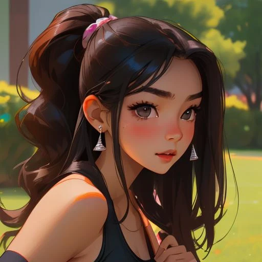 sports bra, sexy, beautiful, cute, diamond earrings with no dangles, girl, SHSID-1925, photorealistic, real, best quality, 8k, ager, portrait, asian <hypernet:SHSID:0.6>, teen beautiful, cute, bronze color skin, extremely beautiful, looking in front, black hair, smiling