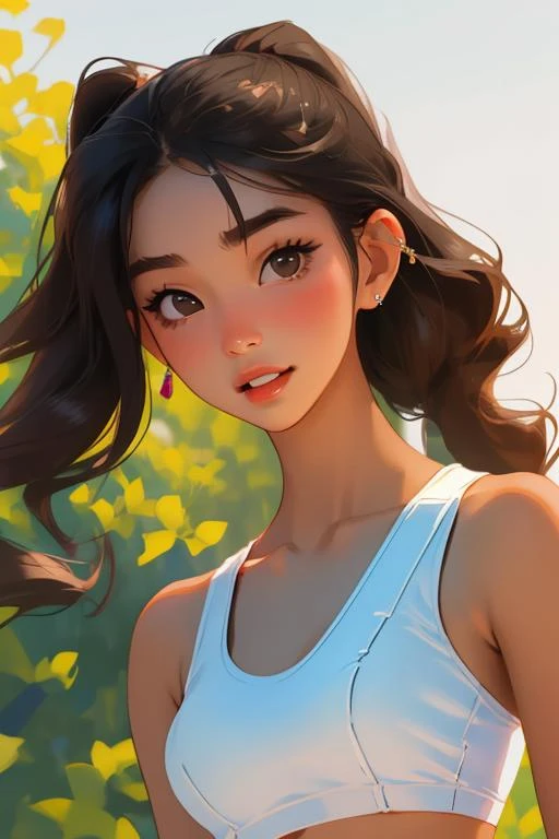 sports bra, sexy, beautiful, cute, diamond earrings with no dangles, girl, SHSID-1925, photorealistic, real, best quality, 8k, teenager, portrait, asian <hypernet:SHSID:0.6>, teenage, beautiful, cute, bronze color skin, extremely beautiful, looking in front, black hair, smiling