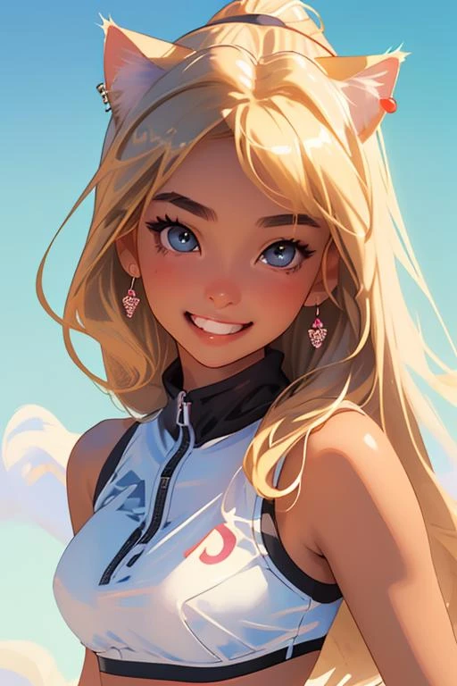 sports bra, sexy, beautiful, cute, diamond earrings with no dangles, girl, SHSID-1925, photorealistic, real, best quality, 8k, ager, portrait, asian <hypernet:SHSID:0.6>, teen beautiful, cute, bronze color skin, extremely beautiful, looking in front, black|blonde hair, (cat ears), (smiling:1.2), milk color skin