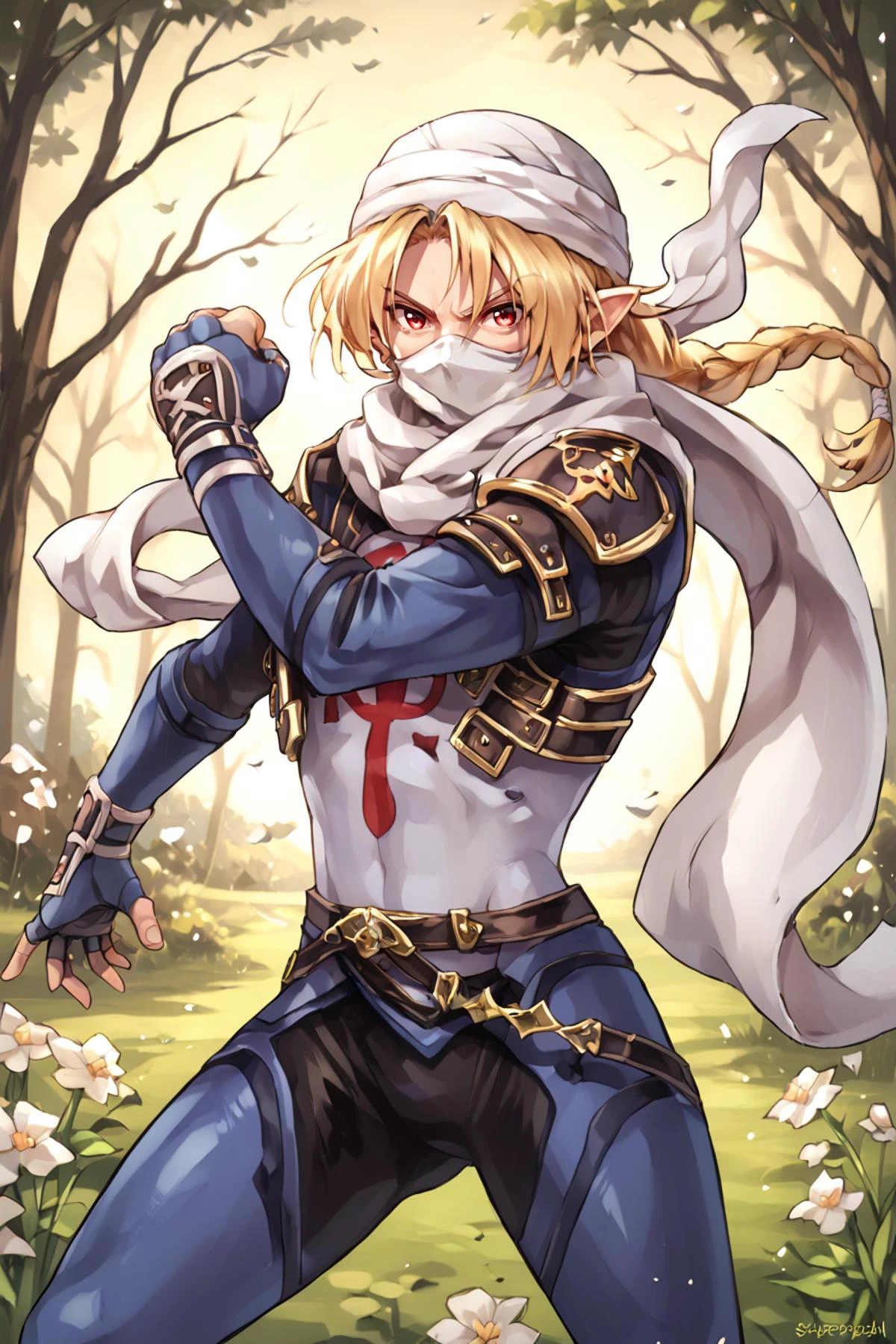 score_9, score_8_up, score_7_up, score_6_up, score_5_up, source anime, BREAK, solo, looking at viewer, realistic background, outdoors, grass, flowers, trees, (cowboy shot), <lora:OldAnimeStyle_PonyXL:0.5> , <lora:SheikSDXL:0.9> , Sheik, Ocarina of Time, blue Sheikah bodysuit, hat, turban, scarf, (mask), red eyes, pointy ears, red eyes, braid, blonde hair, (fighting stance), <lora:Trente:0.7> , trente, <lora:hand 4:0.6> , Hand, hands, perfect hands,