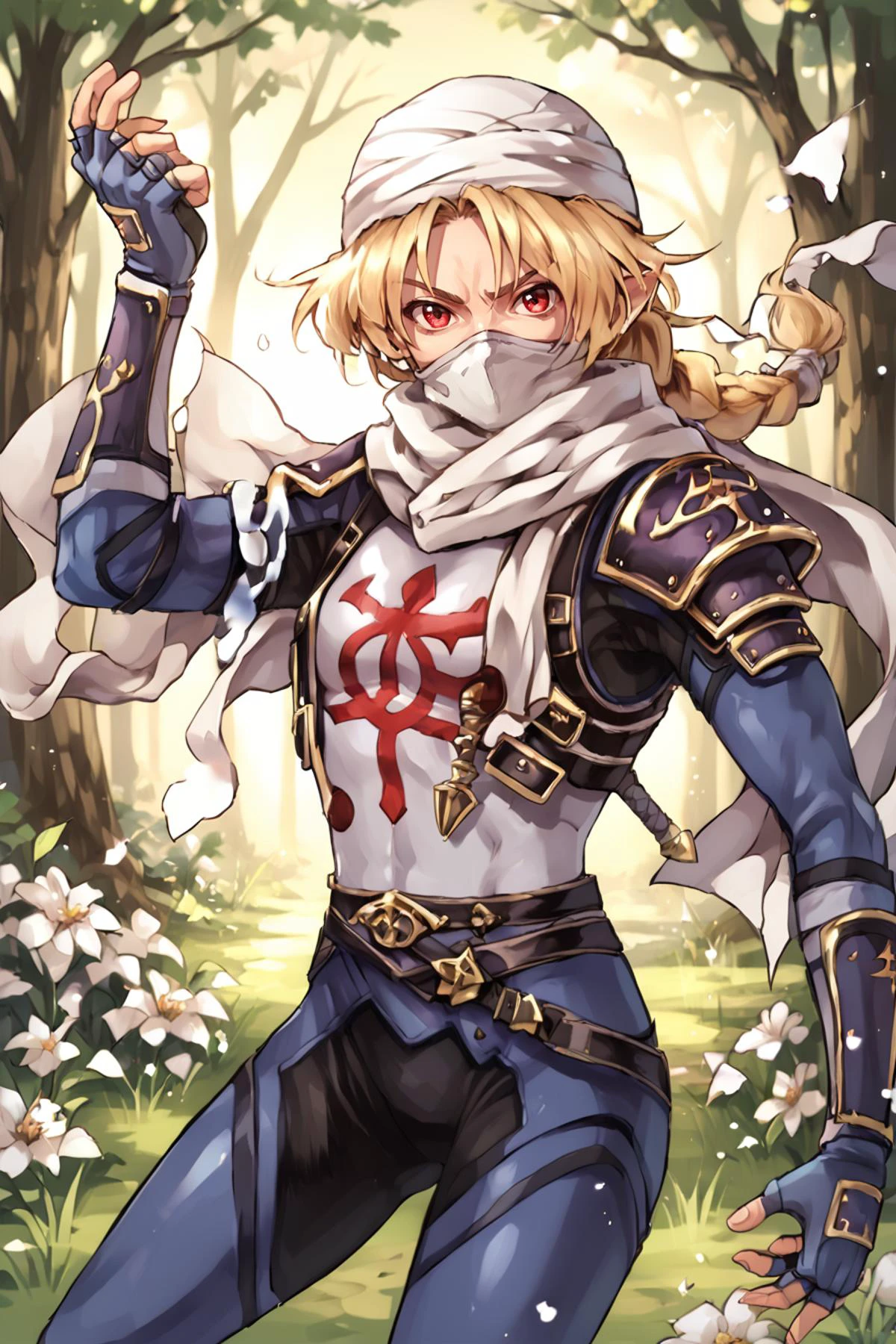 score_9, score_8_up, score_7_up, score_6_up, score_5_up, source anime, BREAK, solo, looking at viewer, realistic background, outdoors, grass, flowers, trees, (cowboy shot), <lora:OldAnimeStyle_PonyXL:0.5> , <lora:SheikSDXL:0.9> , Sheik, Ocarina of Time, blue Sheikah bodysuit, hat, turban, scarf, (mask), red eyes, pointy ears, red eyes, braid, blonde hair, (fighting stance), <lora:Trente:0.7> , trente,