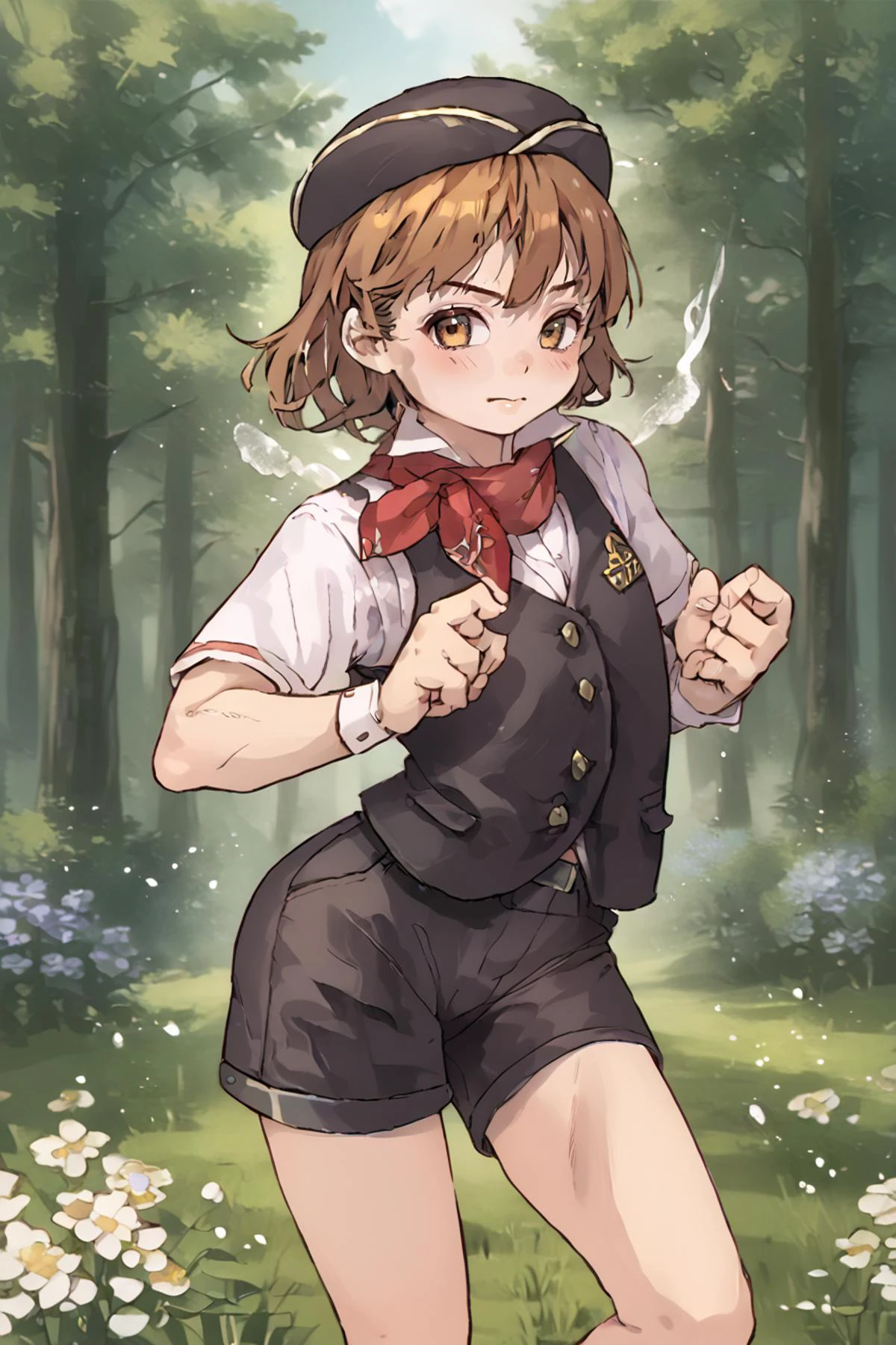 score_9, score_8_up, score_7_up, score_6_up, score_5_up, source anime, BREAK, solo, looking at viewer, realistic background, outdoors, grass, flowers, trees, (cowboy shot), <lora:OldAnimeStyle_PonyXL:0.5> , (fighting stance), <lora:Trente:0.7> , trente, <lora:hand 4:0.6> , Hand, hands, perfect hands, <lora:Jairou_Kozis_Bus_Tour_Guide_Doujin_Art_Style_PonyXL:1> , anime art style femboy, black shorts, black vest, white shirt, hat, neckerchief,