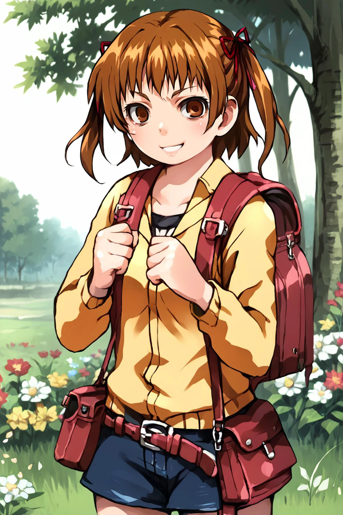score_9, score_8_up, score_7_up, score_6_up, score_5_up, source anime, BREAK, solo, looking at viewer, realistic background, outdoors, grass, flowers, trees, (cowboy shot), <lora:OldAnimeStyle_PonyXL:0.5> , (fighting stance), <lora:Trente:0.7> , trente, <lora:hand 4:0.7> , hands, perfect hands, standing, smile, <lora:Jittsu:0.9> <lora:MitsubaMarui:1> , 1girl, brown hair, brown eyes, solo, twintails, short twintails, short hair, hair ribbon, backpack, randoseru, empty eyes,