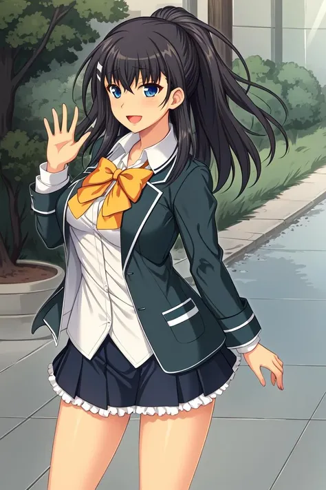 (masterpiece),best quality,Amazing,finely detail.Depth of field,beautiful detailed eyes,beautiful_background,<lora:segawatsubasalionno2-000040:0.6>,segawa_tsubasa,cowboy shot,school uniform,coat,medium hair,mature female,ponytail,outdoors,sport,waving,leg_up,arm_up,sunlight,looking at viewer,:d,