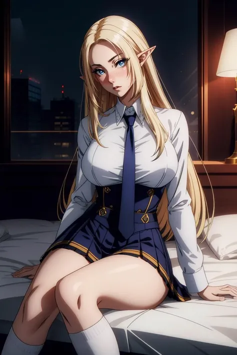 masterpiece, best quality, Bold colors, vivid coloring, rich pigmentation, vibrant, absurdres, illustration, 8k, perfect shadows,perfect lighting,hdr, ambient lighting,realistic, ultra-realistic, full body shot, Photo realistic,(hyperrealistic:1)textured skin,shiny skin,skindentation, bigfaketits,beautiful body, (blush:1.2)milf,mature woman,ChopioAlpha, blonde hair, long hair, very long hair, blue eyes, elf, pointy ears, eyes visible through hair, (wearing outfit_2, school uniform, white shirt, collared shirt, blue necktie, pleated skirt, white skirt:1, white socks, kneehighs,) (large breasts,hourglass body, thin waist,very slim waist)extremely detailed face,detailed eye makeup, detail face, nice detailed eyes,nice hands, perfect hands <lora:KageAlpha-v1-04:.40> <lora:beautifulDetailedEyes_v10:0.50> (realistic pupils,realistic iris:1) heavy eye makeup<lora:add_detail:.50> <lyco:GoodHands-beta2:.90><lora:Aesthetic-Portrait-V2:.50> (Background is hotel room) <lora:ryanreos-lora-v1-32dim-3ep-naivae:.20>
