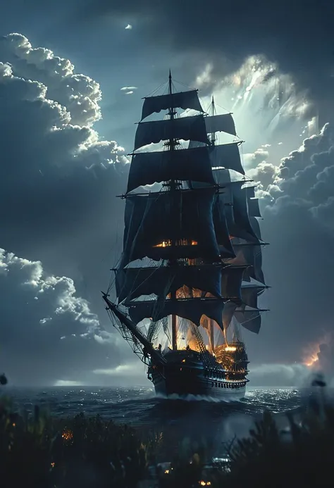 Bosstyle, in high Blue Sky a giant flying sailing ship sailing on waves of clouds, Overgrown, mystic, ethereal, darkness, 
atmospheric haze, Film grain, cinematic film still, shallow depth of field, highly detailed, high budget, cinemascope, moody, epic, OverallDetail, 2000s vintage RAW photo, photorealistic, candid camera, color graded cinematic, eye catchlights, atmospheric lighting, imperfections, natural, shallow dof