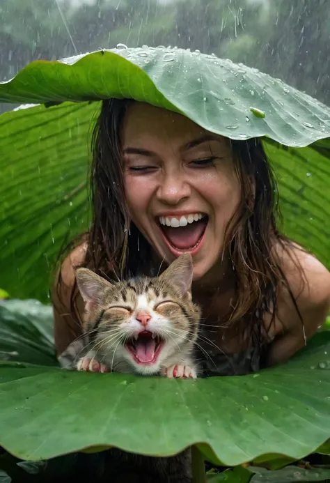 Photo of a woman laughing hysterically with a kitten on top, hiding under a big lotus leaf in the rain