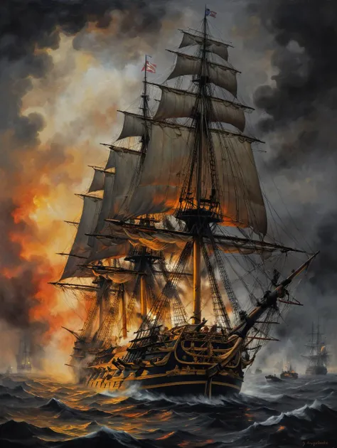 ,Masterpiece, oil painting in the style of Greg Rutkowski of the sailing ship HMS Victory during the naval battle of Trafalgar in combat with a smaller French sailing ship, afternoon, smoke and haze from the battle, dense fog, threatening darkness, no visibility, dark background, dramatic sky,
color palette red yellow grey
(darkness:2.0),
<lora:add-detail-xl:1.8>