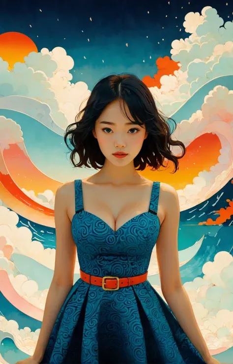 triadic colors, midriff, flat color BREAK extreme face close-up photo of a stunning Icelander (curvy and busty:2) 21 yo wearing Patterned golf dress with a belted waist and flared skirt, puffy clouds lighting. BREAK colorful, dream-like, illustration, gradient surreal fantasy, by Victo Ngai Makoto Shinkai <lora:xl_more_art-full_v1:0.5>