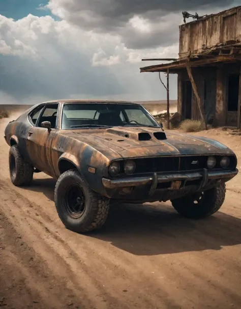 Create a cinematic, filmic image 4k, 8k with [George Miller's Mad Max style]. The image should be captured in a [wide-angle view] and depict [single] a [post-apocalyptic] V8 [muscle car]. The car's paint is a [black] covered in a spots of [rust] and thin layer of smooth [dust] and [dirt], making it appear [rugged] and [gritty] but with visible [black color] The car's body should be [sleek] and [aerodynamic], giving it a [low] and [aggressive] stance that conveys [power] and [speed]. The front of the car should feature a [distinctive] front nose cone with [rectangular lights] that adds to its [intimidating] appearance. The car's wheels should be [large] and [sturdy], with [thick] tires that can handle the [rough] terrain of the [post-apocalyptic] wasteland. The rims should be made of [durable] metal with a [unique design] that showcases the car's [individuality]. In addition, the car should have [eight exhaust side pipes]. The car should also feature a Weiand 6-71 [supercharger] mounted on the hood, protruding through the bonnet. Car should be designed to look both [powerful] and [functional], built to withstand the [harsh] conditions of the [post-apocalyptic] wasteland. The image should be [ultra-realistic], with [high-resolution] captured in [natural light]. The lighting should create [soft shadows] and showcase the [raw] and [vibrant colors] of the car. The image should be a highly-detailed photography set in a [post-nuclear], [fallout] like setting, conveying a sense of [danger] and [grittiness]. The final image should be a [masterpiece], with a [realistic portrayal] of the Interceptor that is both [intimidating] and [awe-inspiring]. Background should contain [empty desert highway], image takes place before the storm, with the [hot summer sun] still shining brightly in the sky, but in the distance, the sky is a [dark and foreboding shade of blue], hinting at an impending storm,