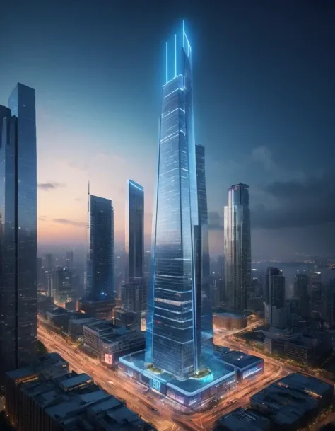 A photo of a ((towering highrise office building:1.3)) in a (futuristic cityscape:1.2), bustling atmosphere, vibrant neon lighting, modern and sleek architectural style, showcasing building's grandeur, (digital rendering medium:1.1), photorealistic concept art, employing cool tones like blue and silver, futuristic ambiance, (CGI and ray tracing techniques:1.2), HD details, (best quality:1.3), (masterpiece:1.3), (realistic:1.3),