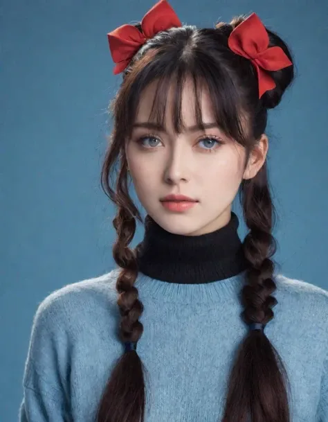 A photo of (Tohsaka Rin:1.3) in a (red turtleneck sweater:1.2) with ribbed details, (long black hair:1.1) styled in twintails with parted bangs, adorned with (black ribbon:1.1), blue eyes that gaze directly at the viewer, lips sealed in a closed mouth, against a (simple blue background:1.2), upper body visible, (sweater with intricate details:1.1), elegant nose, clear facial features, contrasting colors, detailed hair texture, evocative expression, sharp and high-resolution imagery,