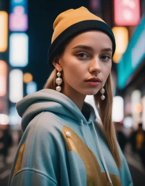 "A photo of (Girl with a Pearl Earring painting:1.3) reimagined in (streetwear attire:1.2), set against a bustling Tokyo street backdrop, neon lights illuminating, (modern twist on classic art:1.1), (oversized hoodie:1.1), sneakers and bucket hat, urban aesthetics meets baroque, bustling Shibuya crossing, HD resolution, bold color contrasts, Canon EOS R5 + RF 50mm f/1.2L USM, 1/80s @ f/4.0, ISO 200, harmonious blend of history and street culture, designer wear influences, professional grade,