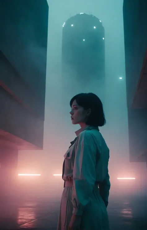 sci-fi aesthetics, the silent sound of her dreams, a surreal science fiction film, creating a sense of suspense and mystery. vibrant and moody, hazy, epic mist, brutalism, distant lights