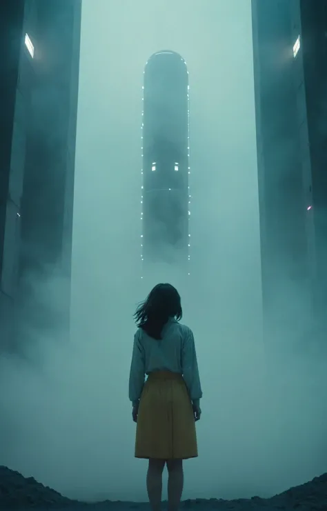 sci-fi aesthetics, the silent sound of her dreams, a surreal science fiction film, creating a sense of pure joy and happiness. vibrant and moody, hazy, epic mist, brutalism, distant lights