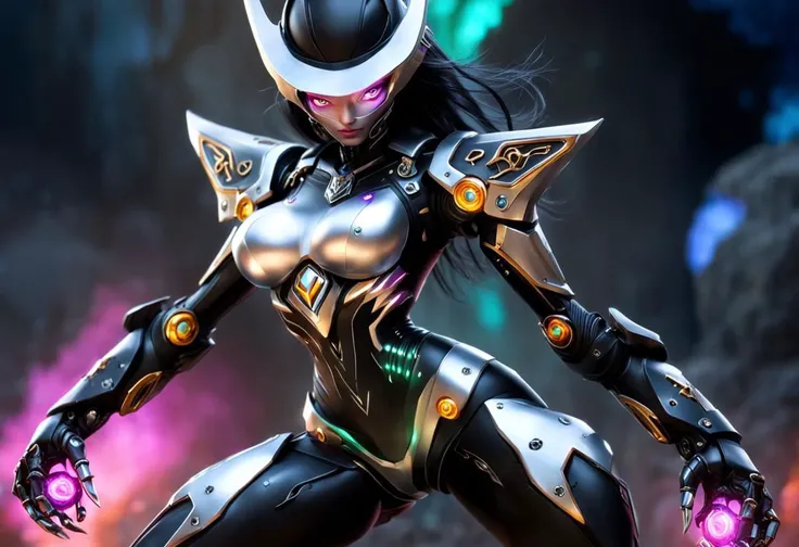 Advanced AI Home and Security Robot Appearance: A towering robot figure with a feminine humanoid form. The frame is covered with sleek metal armor plates with sparkling black and yellow accents. The helmet conceals most of the facial features, and only a pair of sharp, glowing eyes are visible. Her body is curvy, and her rich bust and tight waistline are accentuated by the contours of her armor. Clothes: ELIS armor plates act as her permanent “outfit,” leaving little room for imagination but maintaining her aura of refinement and strength.