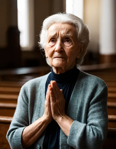 analog raw candid photo of an old woman praying in a church, glad, sad, realistic skin texture, natural lighting, 35mm, 8k, UHD, masterpiece