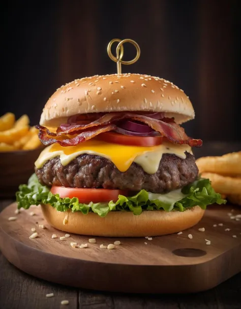 (Gourmet cheeseburger:1.3), (sesame-seeded brioche bun:1.1), (juicy beef patty:1.2), layered (cheddar cheese slices:1.1), (crisp lettuce:1.0), (fresh tomato:1.0), (red onion rings:1.0), (smoky bacon:1.1), (savory condiments:1.0), (ambient lighting:1.2), (moody backdrop:1.1), (close-up shot:1.2), (rich colors:1.1), (detailed texture:1.2), (culinary artistry:1.0), (gourmet presentation:1.1), (wooden cutting board:1.0), Nikon D850, 1/125s, f/5, ISO 64, foodie delight, gastronomic appeal,