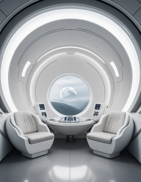 (Futuristic spacecraft interior:1.3), (sleek white panels:1.1), reflective floor, (circular viewport:1.2) with view of (distant moon:1.2), ambient light, (neon accents:1.1), advanced technology, sterile environment, science fiction ambiance, interstellar travel, Sony A7R IV, 1/50s, f/2.8, ISO 640, wide-angle perspective, spatial depth, architectural symmetry, minimalist design, (cool tones:1.1), LED lighting, conceptual art,