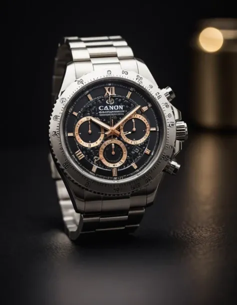 Luxury wristwatch on display, (focused illumination:1.2), reflective metallic bracelet, intricate dial design, (precise time markers:1.1), (subtle branding:1.1), dark moody background, soft bokeh effect, product photography, high-end elegance, sophisticated ambiance, Canon EOS 5D Mark IV, 1/60s, f/2.8, ISO 100, studio shot,