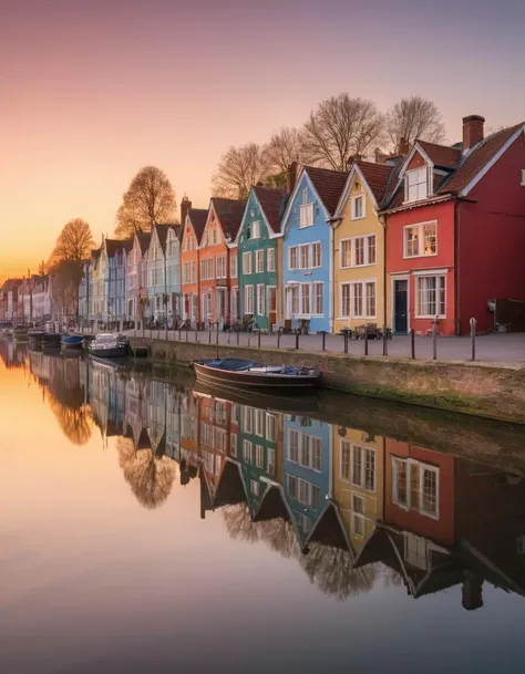 A photo of (colorful houses:1.3) bathed in (sunset light:1.2), showcasing vibrant hues, juxtaposed against a serene, (crystal clear reflection:1.3), merging architecture and nature, capturing essence, sharp architectural lines, contrasts with the fading day, detailed facade nuances, (FE 14mm F1.8 GM lens:1.1) on G MASTER, Albert Dros's perspective, capturing love for color, optimal clarity, saturated palette, full-frame capture, professional grade,