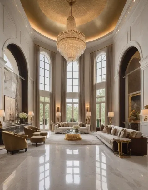 A photo capturing the essence of opulence in a (billionaire's sanctuary:1.3), (vaulted ceilings:1.1), (crystalline chandeliers:1.2), reflecting off (polished marble floors:1.1), (velvet drapes:1.1), framing panoramic views, curated (modern art pieces:1.2), (designer furniture:1.1), meticulously placed, ambient (golden lighting:1.1), (spatial luxury:1.1), grandeur meets comfort, architectural digest-worthy, Nikon D850, 1/250s, f/2.8, ISO 100, captured in natural daylight, high dynamic range, RAW format, wide-angle perspective,