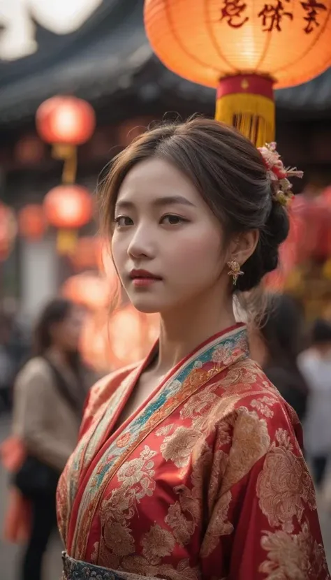 Fire, Yohuoshu, ((best quality)), ((masterpiece)), (detailed), 1girl, Perfect Body, 18 years old, small breast, portrait of a girl with small breasts who is a fire bender and has a phoenix pet. Her face is exquisitely detailed, with captivating and gorgeous eyes that draw you in. She is dressed in a vibrant Chinese festival outfit, adorned with intricate details and adorned with flower patterns. The outfit is complemented by elegant earrings and jewelry, adding to her enchanting appearance. As she walks through Harajuku, the atmosphere is cinematic and splendid, with neon lights illuminating the surroundings and creating a bokeh effect. The background is intentionally blurry, emphasizing the focus on the girl and her captivating presence. Her flowing hair cascades down, seemingly glowing and catching the light, while flames dance around her, symbolizing her fire bending abilities. The scene is further enhanced by the presence of a lion dance, adding an element of cultural celebration and vibrancy. Fireworks burst in the sky, adding a sense of excitement and spectacle. The level of detail in the artwork is hyper-detailed, ensuring that every aspect of the composition is intricately rendered. Camera angle: A medium close-up shot captures the girl's face and upper body, emphasizing her striking features and the intricate details of her outfit. The camera angle is slightly tilted to add dynamism and enhance the cinematic feel of the scene, Haircut model by Curtain bangs, possed is Shoulder forward pose, sharp black, shooting angle is Rim lighting shot, time is Golden Hour, colored hair is Iridescent rainbow hair, BREAK, hyper realistic, intricate design, insanely detailed, extremely fine details, Extremely sharp lines, cinematic lighting, Photo realistic, a detailed painting by Esao Andrews and Anton Fadeev, Raw photo, high detailed, 8k, UHD, dslr, softlighting, HDR, warm light, high quality, film grain, fujifilm XT3, photorealistic, masterpiece, best quality, hyper-detailed, 8K, warm lighting, soft lighting, masterpiece, best quality, detailed, highest quality, ultra detailed, highres, cinematic light, splendid and colorful, out of focus, RAW photograph, art portrait, absurdres, high contrast, colorful, highest details,
