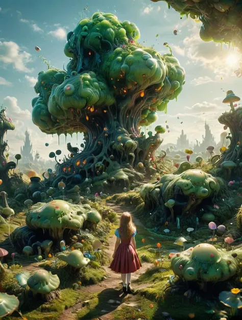 alien landscape, Alice stands in the Wonderland, acidzlime, <lora:acidzlime:0.7> 8k, F2.8, RAW Photo, ultra detailed, light and shadow, sunlight, real life,  <lora:xl_more_art-full_v1:0.7>