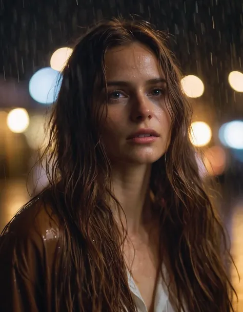 photo of a woman. neon lights, late at night, in the rain, very long brown wet hair, cinematic, shallow depth of field, extremely detailed